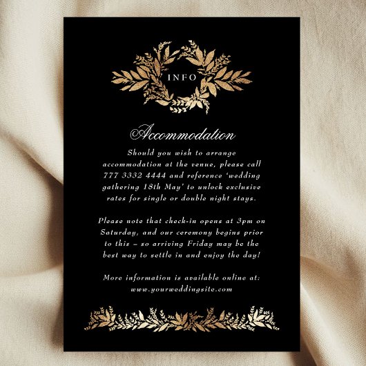 Carte D'accompagnement or sur couronne botanique noire mariage informatio