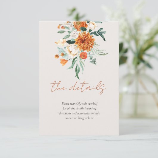 Carte D'accompagnement Orange Boho Fall QR Code Floral Mariage Détails (Debout devant)