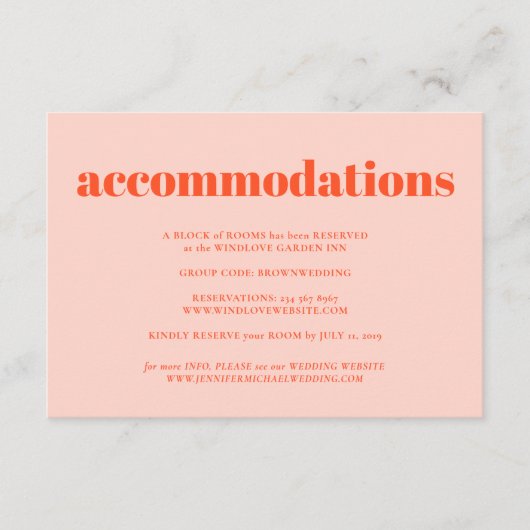 Carte D'accompagnement Orange Pink Minimalist Wedding Accommodations (Devant)