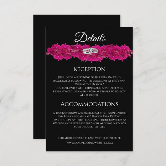 Carte D'accompagnement Orchidées Fuchsia sur Mariage noir (Devant / Derrière)