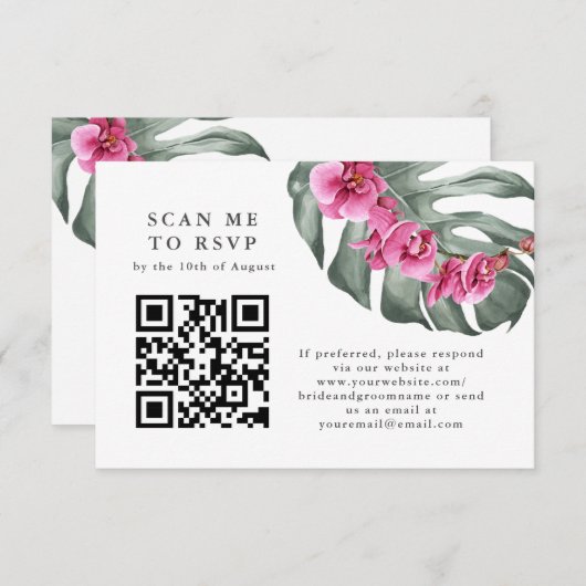 Carte D'accompagnement Orchidées roses chaudes Tropical QR Code RSVP (Devant / Derrière)