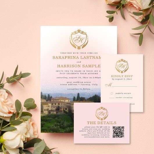 Carte D'accompagnement Ornate Gold Crest Toscane Détails du Mariage QR Co