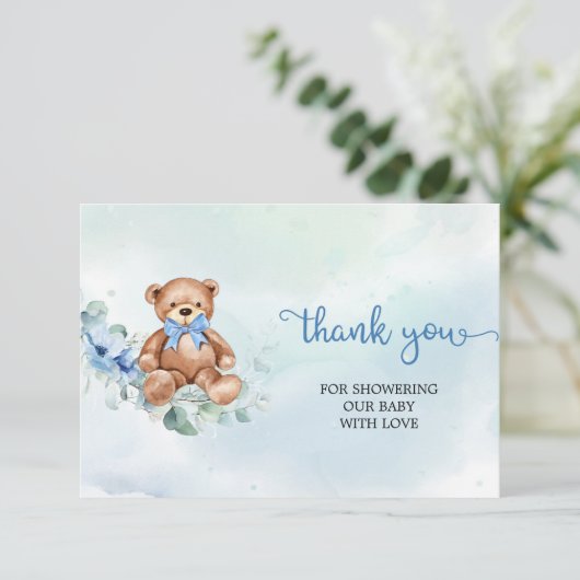 Carte D'accompagnement Ours en peluche floral bleu clair rustique Merci (Debout devant)