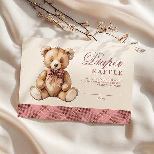 Carte D'accompagnement Ours en Vichy Rose Baby Shower Tirage au Sort Couc
