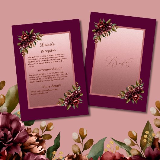 Carte D'accompagnement paillettes Rose Or Script - mariage floral bordeau