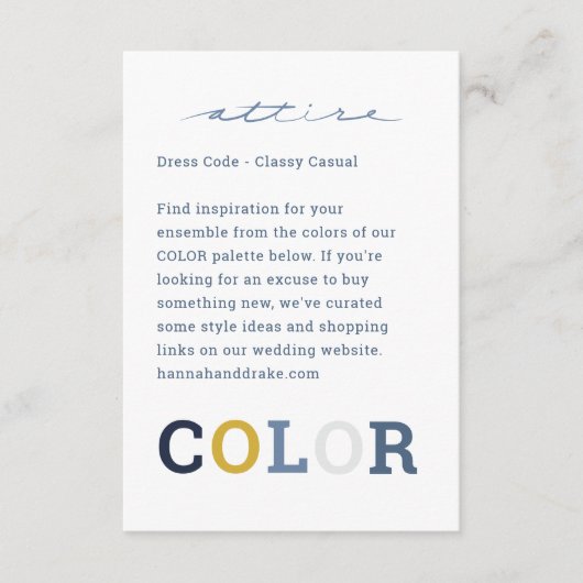 Carte D'accompagnement Palette de couleurs de mariage Code vestimentaire (Devant)