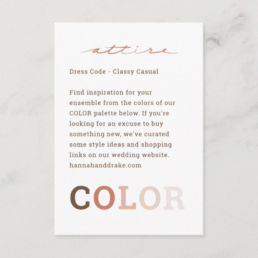Carte D'accompagnement Palette de couleurs de mariage Code vestimentaire (Devant)