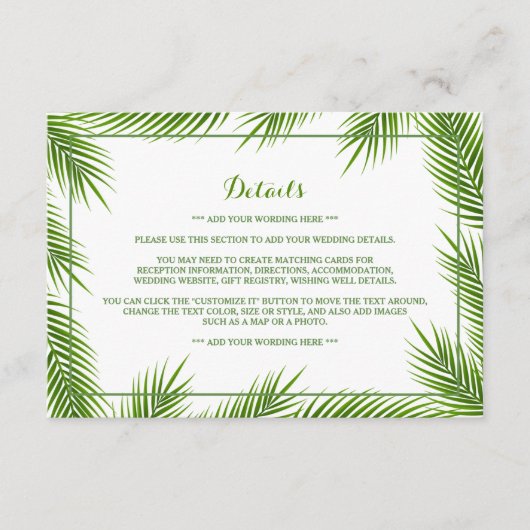 Carte D'accompagnement Palm Feuilles Tropical Beach Wedding Détail (Devant)