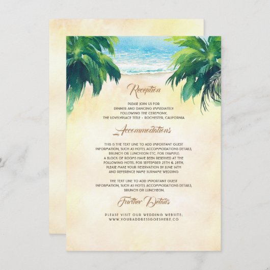 Carte D'accompagnement Palm Tree and Seaside Mariage Détails (Devant / Derrière)