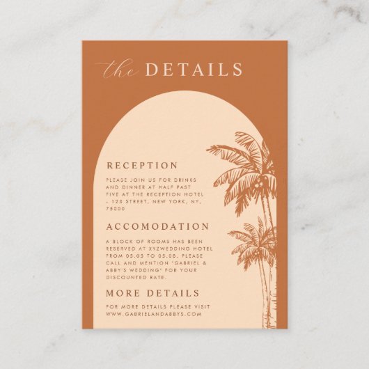 Carte D'accompagnement Palm Tree Boho Beach Terracotta Détails Mariage (Devant)