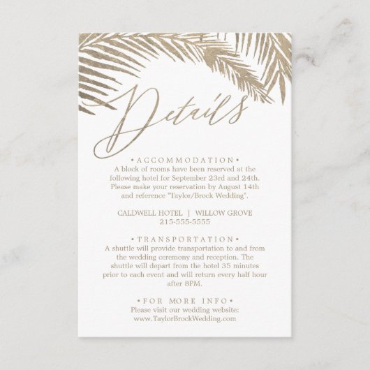 Carte D'accompagnement Palme de calligraphie dorée romantique Détails Feu (Devant)