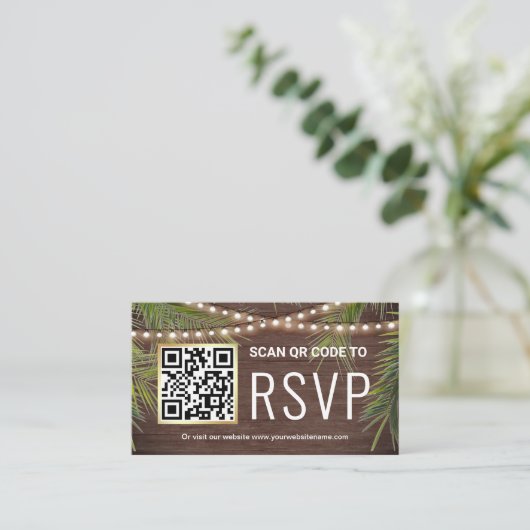 Carte D'accompagnement Palme tropicale rustique en bois Code QR Mariage R (Debout devant)