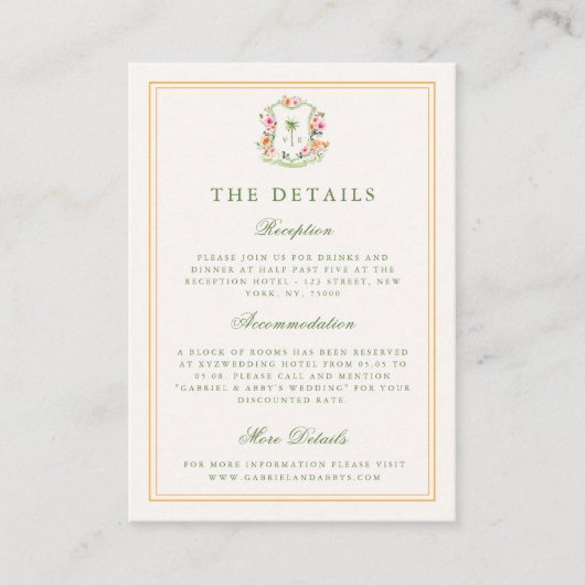 Carte D'accompagnement Palmier tropical Monogramme Détails Mariage plage (Devant)