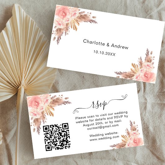Carte D'accompagnement Pampas blush mariage site de réponse QR code RSVP