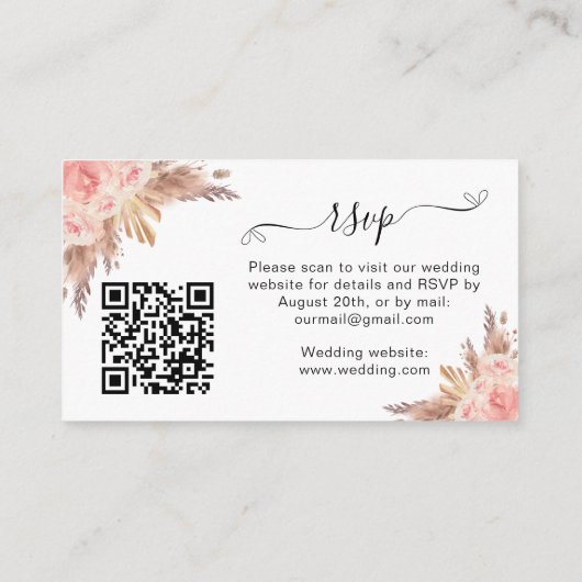 Carte D'accompagnement Pampas blush mariage site de réponse QR code RSVP (Dos)