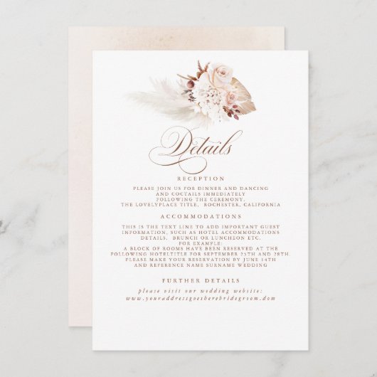 Carte D'accompagnement Pampas Grass Elegant Soft Pastel Détails Mariage (Devant / Derrière)