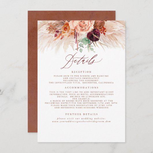 Carte D'accompagnement Pampas Grass Terracotta Détails Mariage Boîtier (Devant / Derrière)