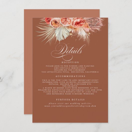 Carte D'accompagnement Pampas Grass Terracotta Rust Détails Mariage (Devant / Derrière)