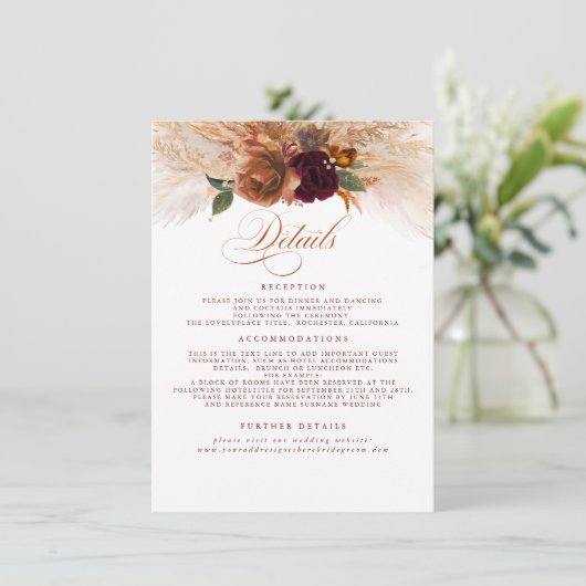 Carte D'accompagnement Pampas Grass Terracotta Rust Détails Mariage (Debout devant)