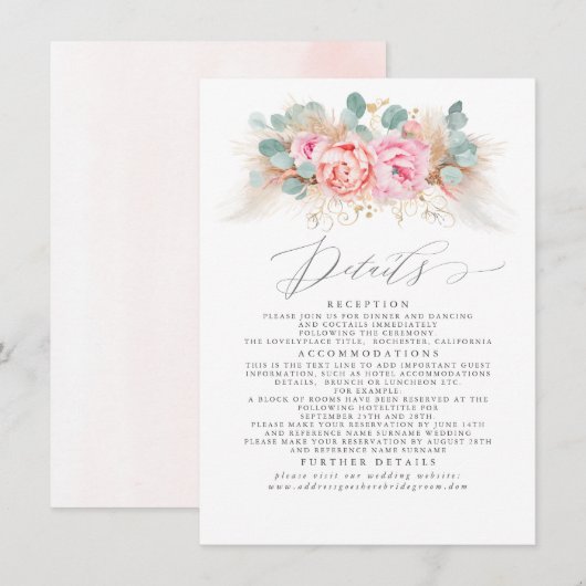 Carte D'accompagnement Pampas rose Floral Grass Détails du Mariage (Devant / Derrière)