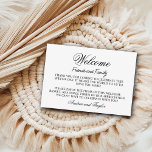 Carte D'accompagnement Pancarte pour panier-cadeau de bienvenue pour un m<br><div class="desc">Cette pancarte élégante et simple pour panier-cadeau de bienvenue en noir et blanc avec une calligraphie très élégante peut être facilement personnalisée pour votre événement très spécial ! C'est une façon agréable de remercier vos invités venus de loin pour le voyage qu'ils ont dû faire pour célébrer avec vous votre...</div>