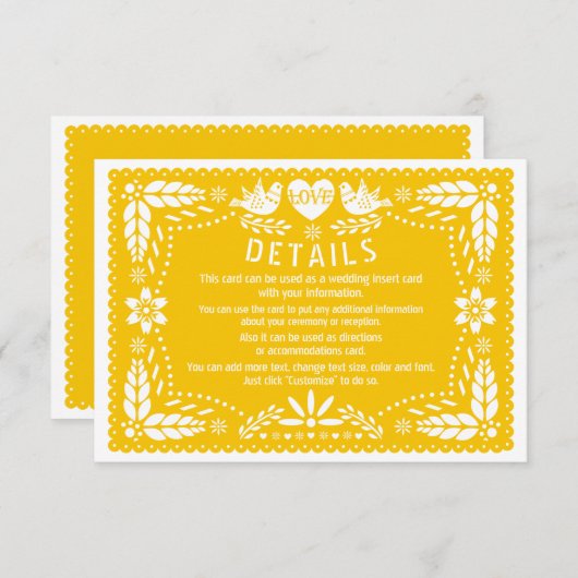 Carte D'accompagnement Papel picado inséparables jaune détails mariage (Devant / Derrière)