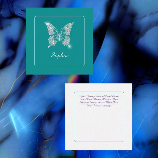 Carte D'accompagnement Papillon Diamant Blanc, Nom du script, Turquoise p