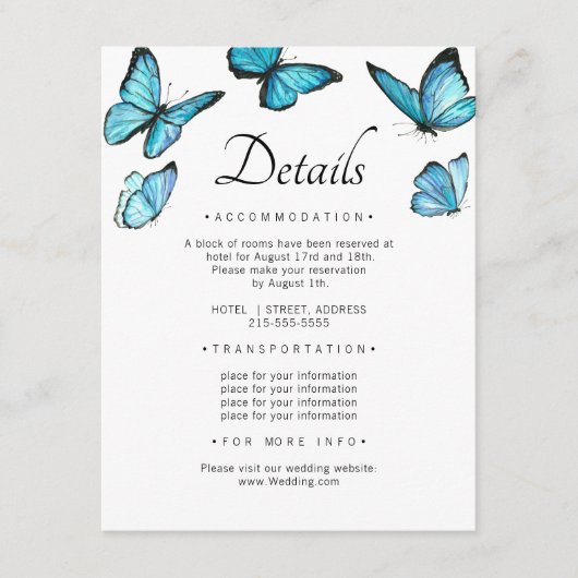 Carte D'accompagnement Papillons bleus de luxe. Détails du Mariage élégan (Devant)