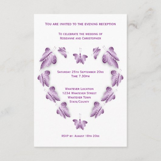 Carte D'accompagnement Papillons couleur violet Design Mariage Réception (Dos)