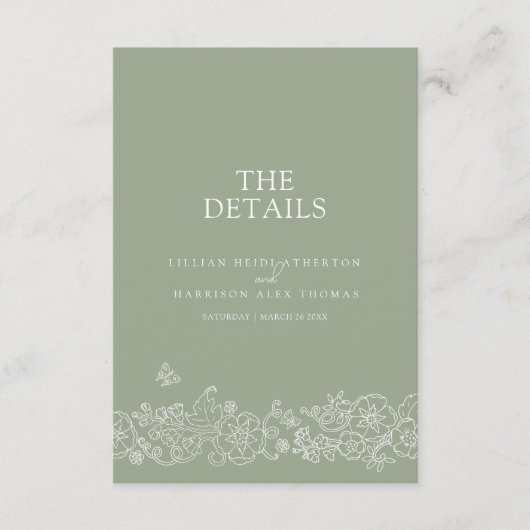 Carte D'accompagnement Papillons en fleurs vertes Sage détails du mariage (Devant)