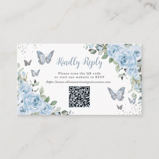 Carte D'accompagnement Papillons Floraux bleus Quinceañera QR Code RSVP (Devant)