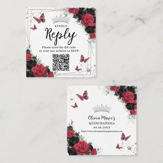 Carte D'accompagnement Papillons rouges et noirs Quinceanera RSVP QR Code (Devant / Derrière)
