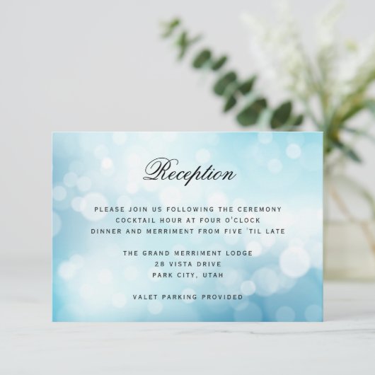 Carte D'accompagnement Parties scintillant de luxe Blue Bokeh - RÉCEPTION (Debout devant)