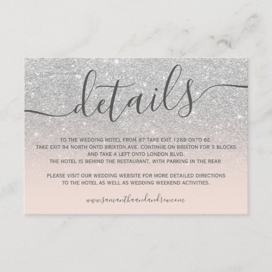 Carte D'accompagnement Parties scintillant en argent ombre rose pâle déta (Devant)