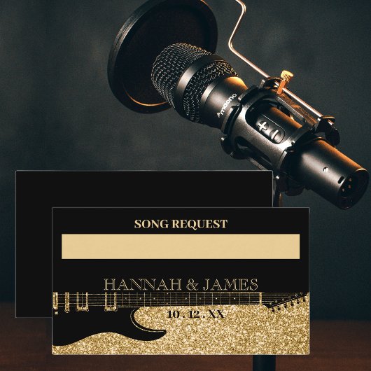 Carte D'accompagnement Parties scintillant en noir et or Guitare Mariage 