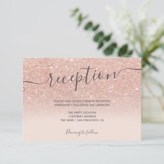 Carte D'accompagnement parties scintillant en or rose accueil script somb (Debout devant)