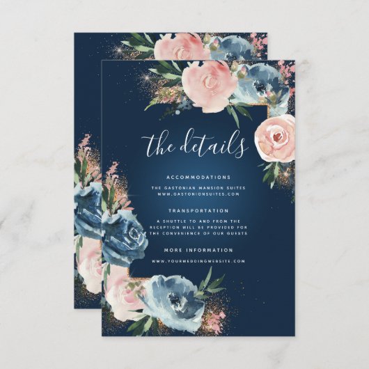 Carte D'accompagnement Parties scintillant florale bleu et bleu de la mar (Devant / Derrière)