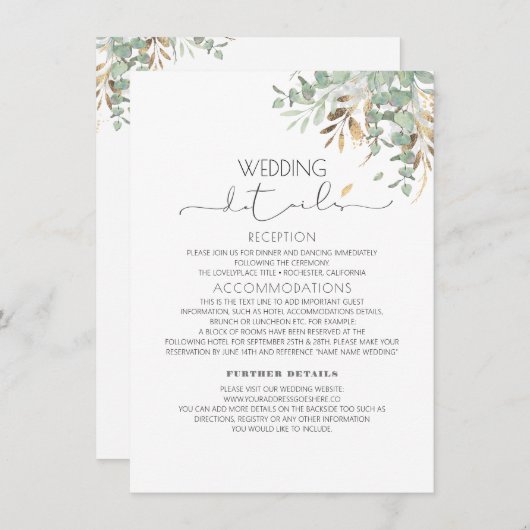 Carte D'accompagnement Parties scintillant vertes Gold Information Mariag (Devant / Derrière)