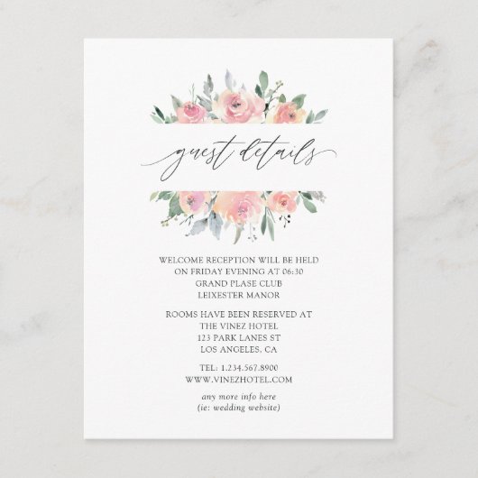 Carte D'accompagnement Pastel Blush Pink Floral Mariage Détails au sujet  (Devant)