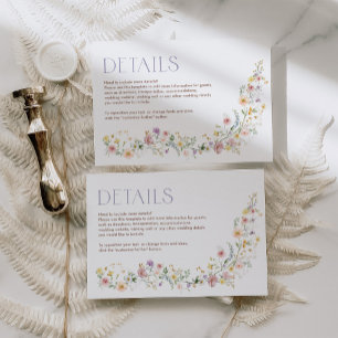 Carte D'accompagnement Pastel Fleur sauvage Garden Floral Mariage Détails