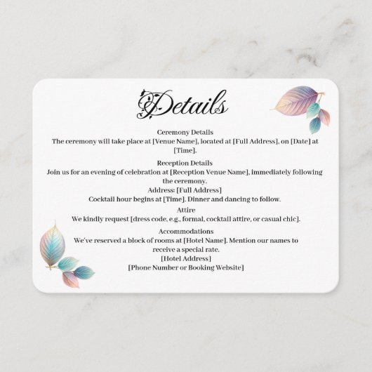 Carte D'accompagnement Pastel Iridescente Feuille Mariage Dreamy Pastels (Devant)