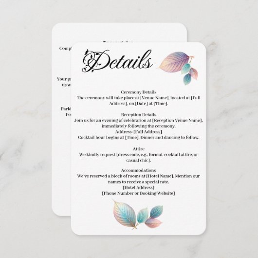 Carte D'accompagnement Pastel Iridescente Feuille Mariage Dreamy Pastels (Devant / Derrière)