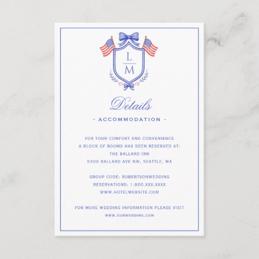 Carte D'accompagnement Patriotic US Flag Crest | Monogram Wedding Details (Devant)
