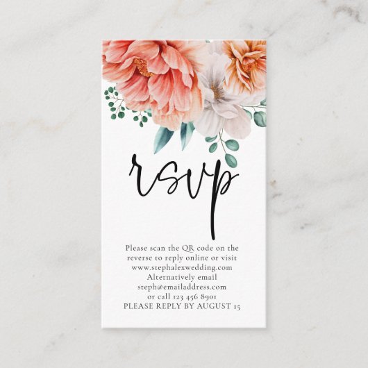 Carte D'accompagnement Peach Peonies Florals Script QR Code Mariage RSVP (Devant)