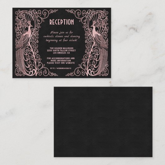 Carte D'accompagnement Peacocs Art Déco rose Gold Réception Noire (Devant / Derrière)