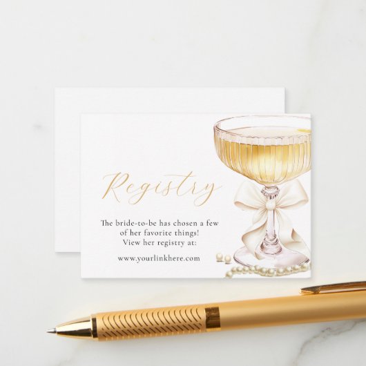 Carte D'accompagnement Pearls & Prosecco Bow Bridal Shower Registry (Devant/Arrière en situation)