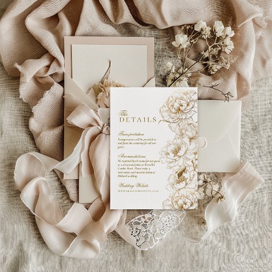 Carte D'accompagnement Peonies florales Blanc Golden Elegant Mariage