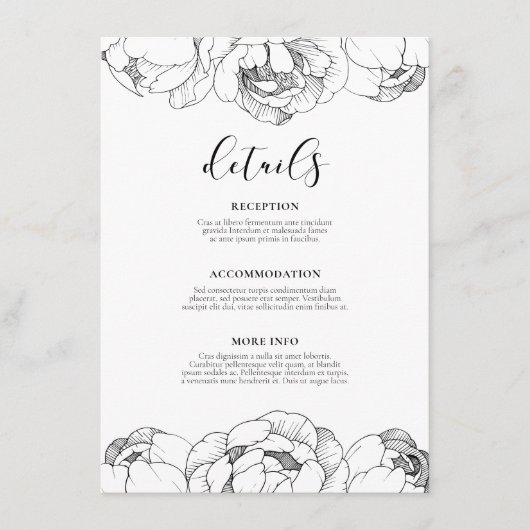Carte D'accompagnement Peonies noires et blanches Information du mariage (Devant)