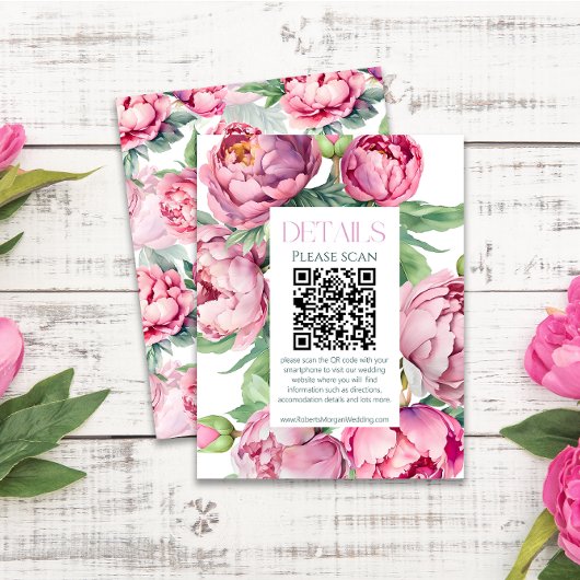Carte D'accompagnement Peonies roses blanches QR CODE Détails du Mariage