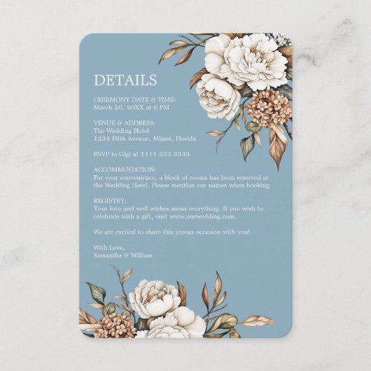 Carte D'accompagnement Peony et Hydrangea Mariage bleu Poudre (Devant)